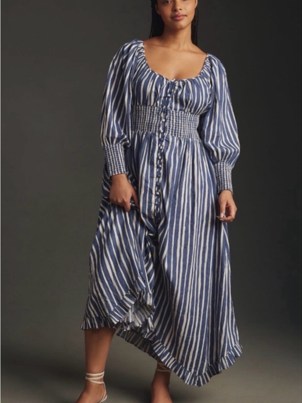 Anthropologie Blue and White Striped Smocked-Waist Midi Dress